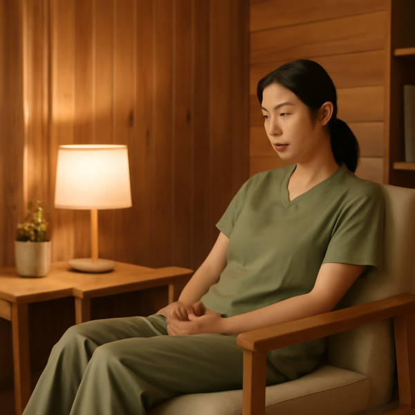 마사지 관리사가 휴식 시간에 편안한 자세로 앉아 있는 모습