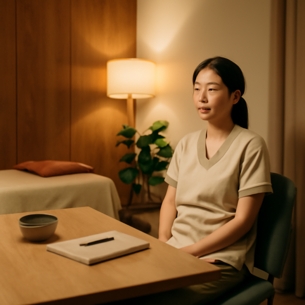 마사지 관리사가 조용한 공간에서 휴식을 취하는 모습