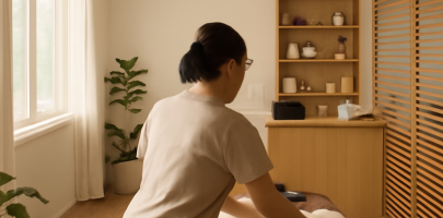 마사지샵 관리사가 쾌적한 업무 환경에서 집중하는 모습
