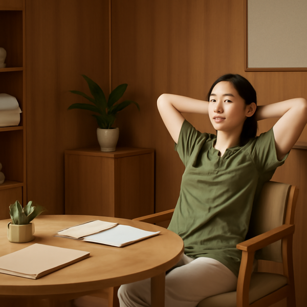 마사지샵 업무를 마친 후 깔끔하게 정돈된 상담 공간과 휴식 중인 직원 모습