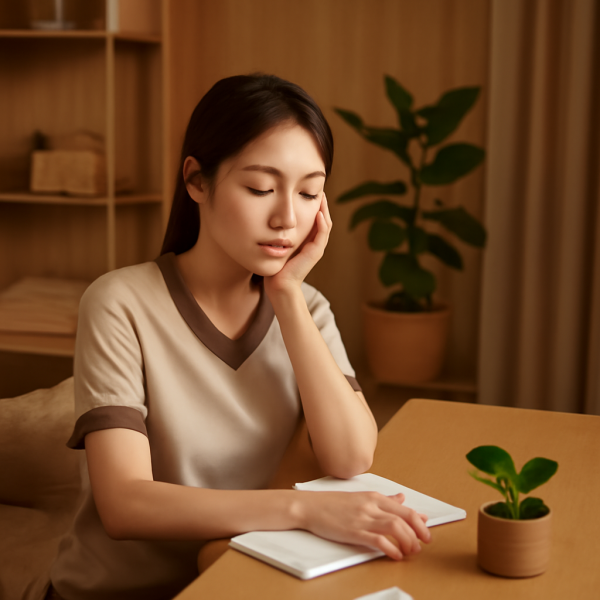 마사지샵 업무 환경에서 휴식을 취하는 관리사의 평온한 모습