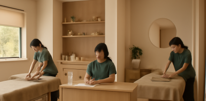 마사지샵 환경에서 업무 중인 관리사들의 넓은 공간 모습