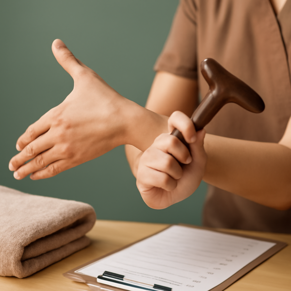 마사지 도구를 점검하며 스트레칭하는 관리사의 손과 팔 클로즈업