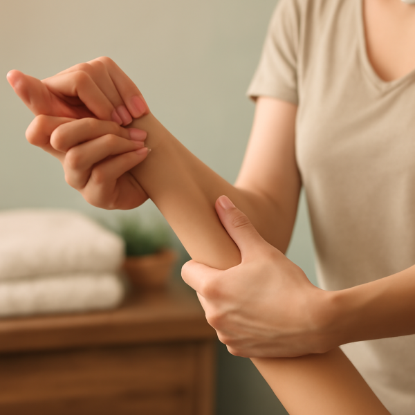 마사지샵 관리사가 손목 스트레칭과 근육 이완을 하는 자세 클로즈업