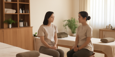 마사지샵 전경과 고객 응대하는 관리사의 모습