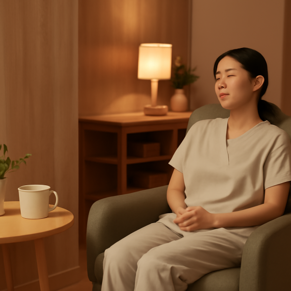 마사지샵 휴게 공간에서 휴식을 취하는 관리사의 분위기 있는 모습