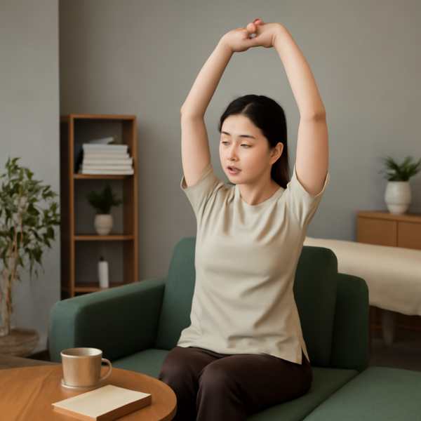 마사지샵에서 휴식하며 스트레칭하는 관리사 모습