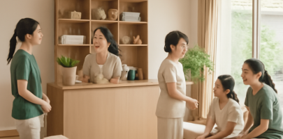 마사지샵에서 다양한 고객과 소통하는 관리사의 넓은 공간 이미지