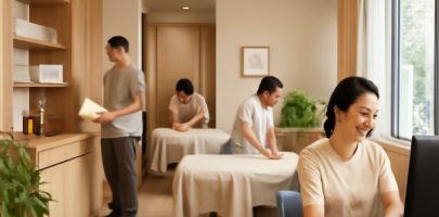 마사지샵 내부 전경과 직원들이 체계적으로 업무를 수행하는 모습