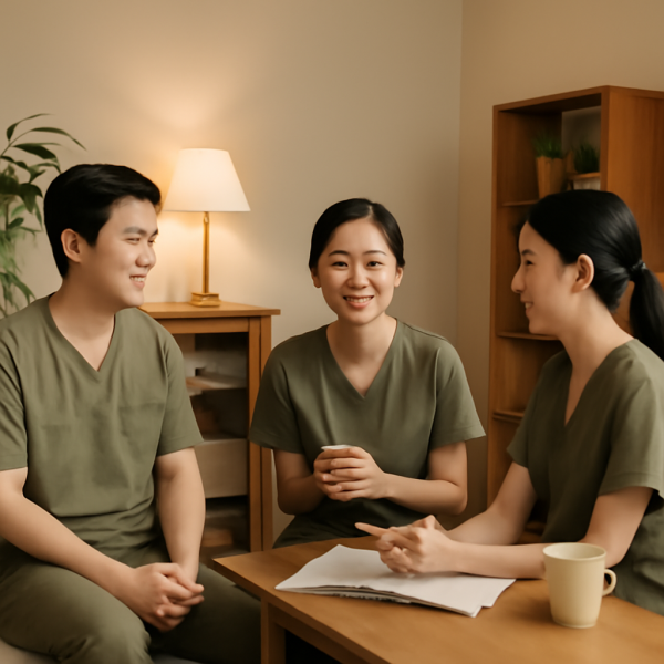 마사지샵 근무 환경에서 직원들이 휴식을 취하며 대화를 나누는 모습