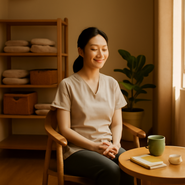 마사지샵 내 휴게 공간에서 편안히 쉬고 있는 관리사 모습