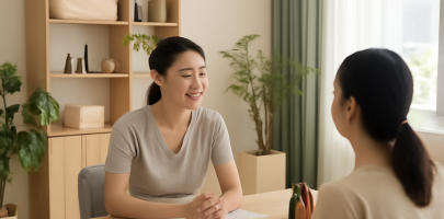 마사지샵 관리사가 고객을 응대하며 집중하는 모습