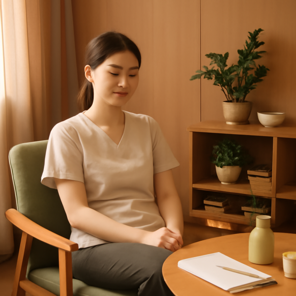 마사지샵 내부 휴게 공간과 관리사의 휴식 장면
