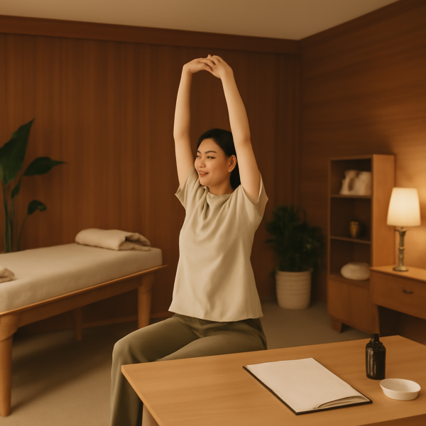 마사지샵 관리사가 휴식 공간에서 스트레칭하며 체력 관리를 하는 모습