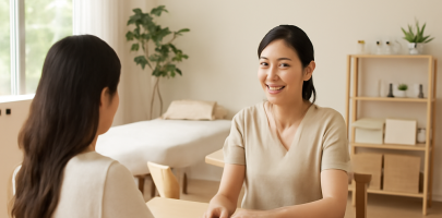 마사지샵 내 상담 공간에서 관리사가 고객과 대화하는 모습