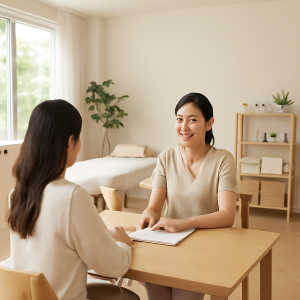 마사지샵 내 상담 공간에서 관리사가 고객과 대화하는 모습