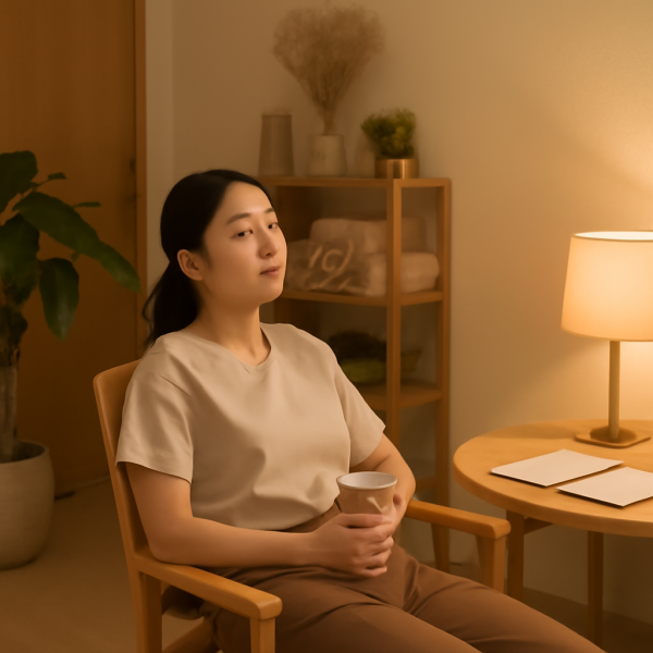 마사지샵 업무를 마친 후 정돈된 공간과 휴식하는 관리사