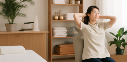 마사지샵 내부에서 근무 중인 관리사가 스트레스 관리를 위해 휴식을 취하는 모습