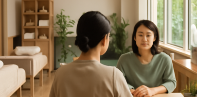 마사지샵에서 고객과 소통하는 관리사의 넓은 업무 환경 모습