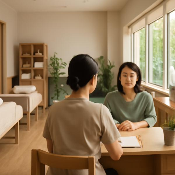 마사지샵에서 고객과 소통하는 관리사의 넓은 업무 환경 모습