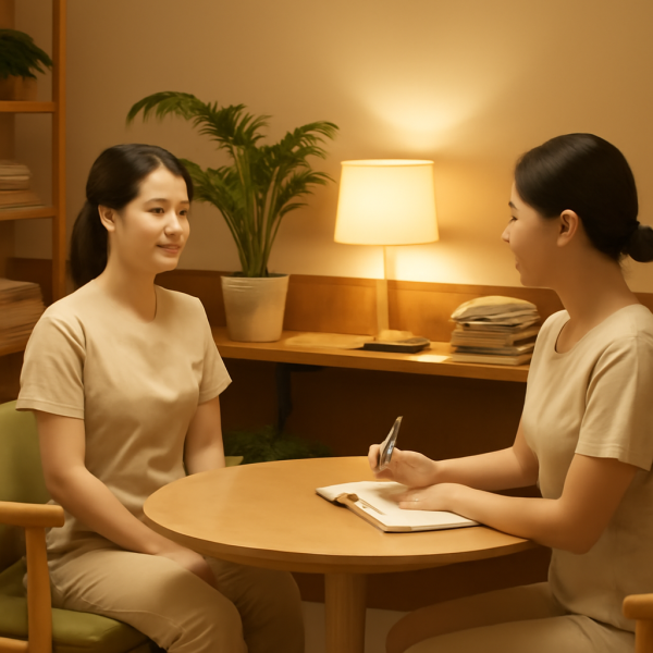 마사지샵 관리사가 근무 후 휴식하며 상담하는 편안한 업무 환경 이미지