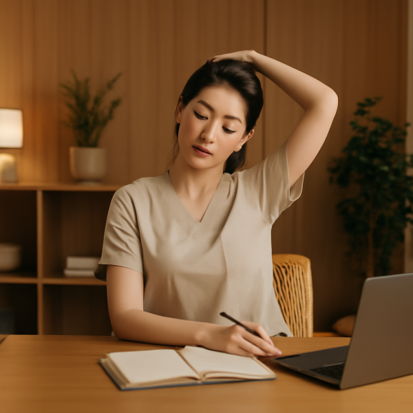 마사지샵 관리사가 조용한 휴식 공간에서 스트레칭하며 근무 준비하는 장면