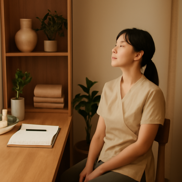 마사지샵 비대면 상담 후 정돈된 작업 공간과 휴식하는 직원 이미지