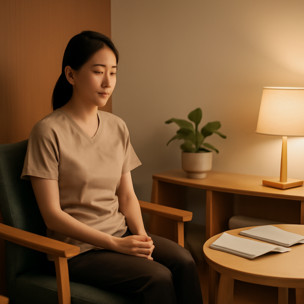 마사지샵 관리사가 조용한 휴게 공간에서 휴식하는 모습 은은한 조명 아래