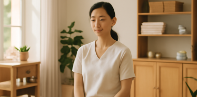 마사지샵 내 업무 중 휴식하는 관리사 모습