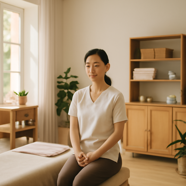 마사지샵 내 업무 중 휴식하는 관리사 모습