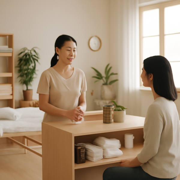 마사지샵에서 업무 중인 관리사의 넓은 작업 공간 전경