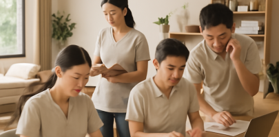 마사지샵 내 바쁜 업무 현장과 관리사의 집중하는 모습