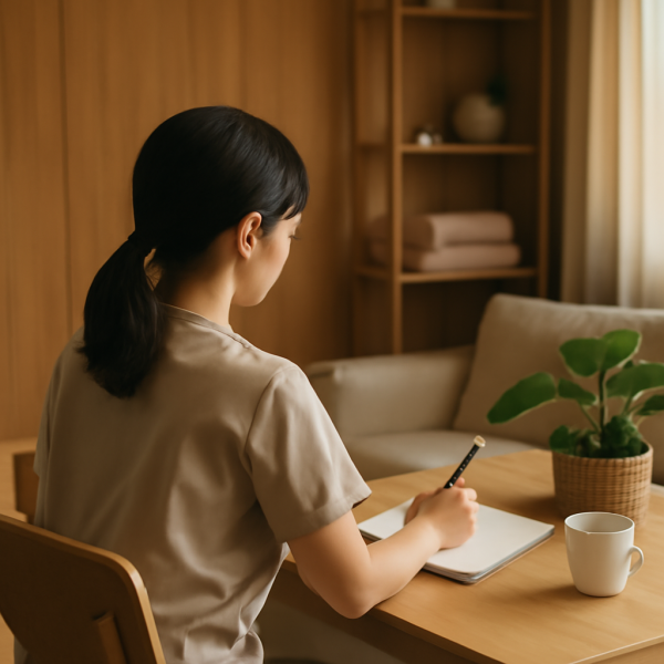 마사지샵 휴게 공간에서 휴식을 취하는 관리사의 모습