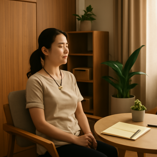 마사지샵 관리사가 휴식하며 업무 후 체력을 관리하는 모습
