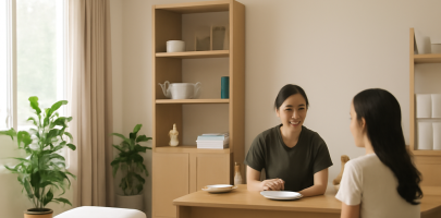 마사지샵 현장에서 업무를 수행하는 관리사의 넓은 공간 전경 이미지