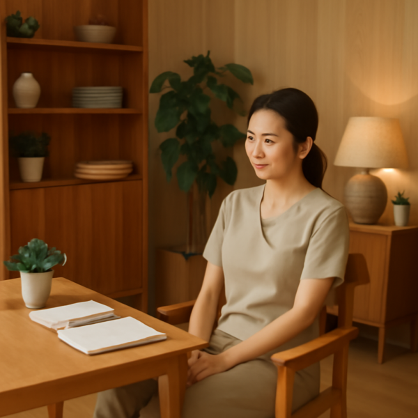 마사지샵 관리사가 쾌적하게 정돈된 업무 공간에서 휴식을 취하는 이미지