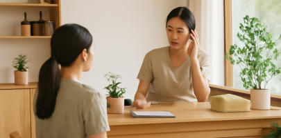 마사지샵 내 관리사가 다양한 업무를 하며 집중하는 모습