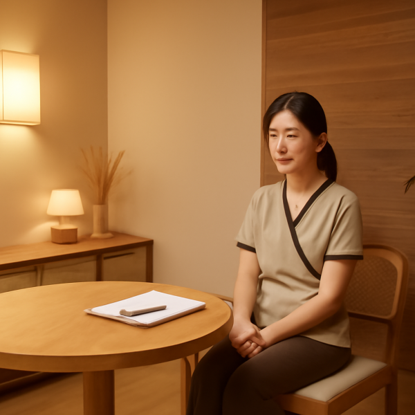 마사지샵 관리사가 휴식 공간에서 편안히 쉬는 모습