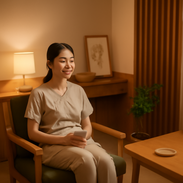 마사지샵 관리사가 업무를 마친 후 편안히 휴식하며 심리적 안정감을 취하는 모습