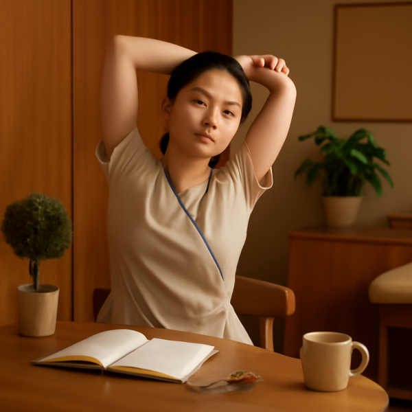 마사지샵 관리사가 업무 후 휴식을 취하며 스트레칭하는 모습