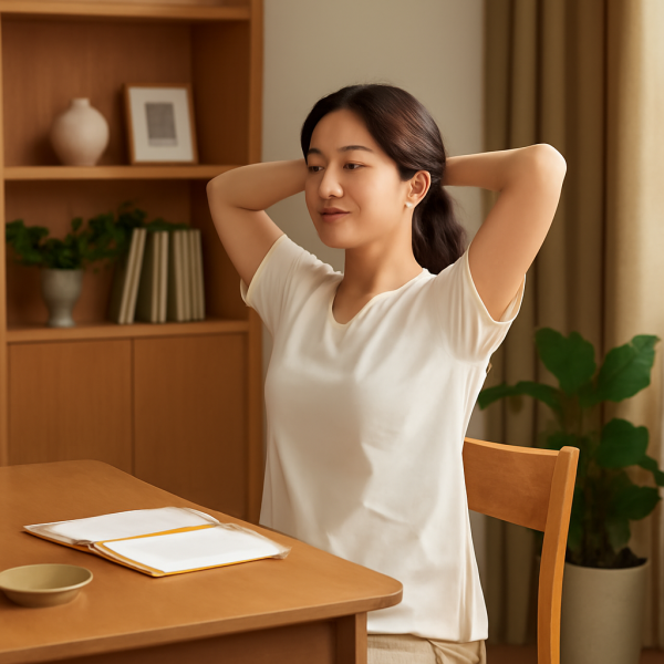 마사지샵 관리사가 건강 관리를 위해 휴식과 운동을 하는 모습