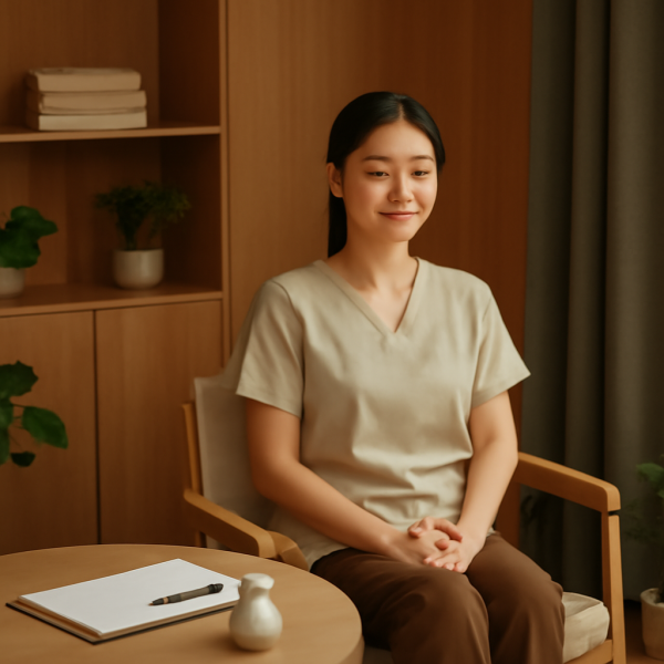 마사지샵 관리사가 근무 후 휴식하며 심리적 회복을 하는 모습
