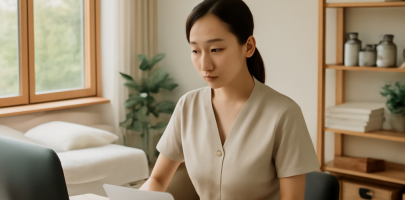 마사지샵 내 관리사가 업무 현황을 체크하며 집중하는 모습