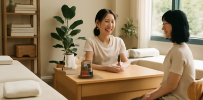 마사지샵 내부에서 관리사가 고객과 대화하며 친절하게 응대하는 모습