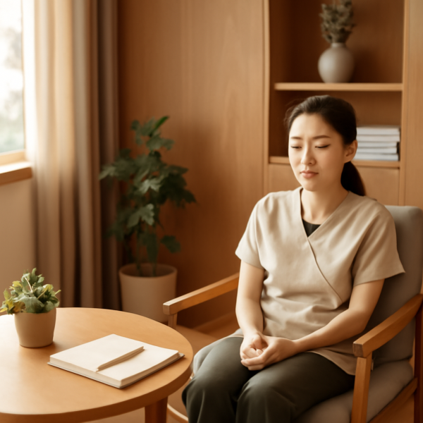 마사지샵 관리사가 휴식을 취하며 심리적 안정을 찾는 모습