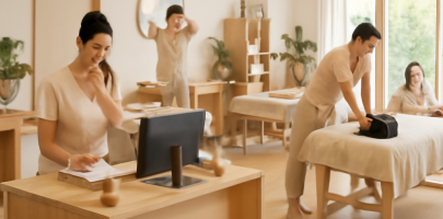 마사지샵 관리사가 업무 중 체력과 마음을 관리하는 넓은 실내 환경 이미지