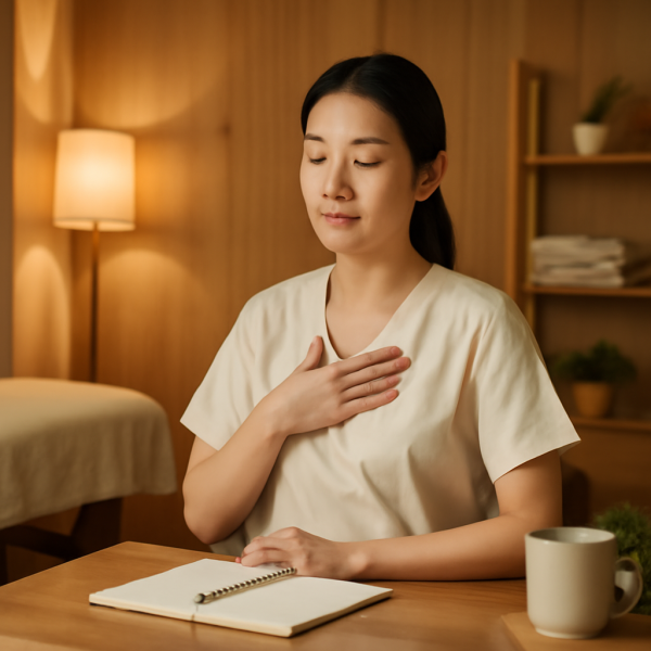 마사지샵 관리사가 편안한 자세로 휴식하며 마음을 관리하는 이미지