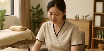 마사지샵 관리사가 업무 스케줄을 정리하며 집중하는 모습