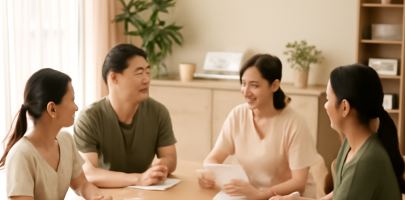 마사지샵 직원들이 원탁에 모여 대화하며 협업하는 모습